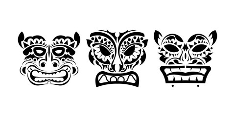 Set of tattoo faces or masks in ornament style. Polynesian, Maori or Hawaiian tribal patterns. Vector