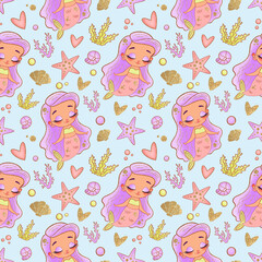 African American mermaids seamless pattern. Underwater seamless pattern.