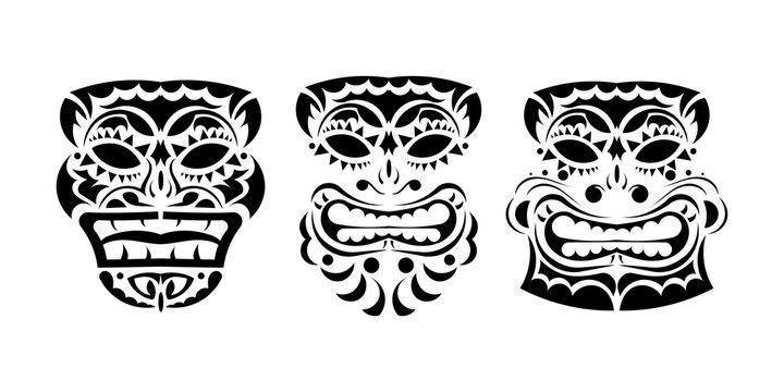 Set of masks in the ornament style. Polynesian, Maori or Hawaiian tribal patterns. Vector illustration. Isolated.
