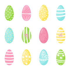 set of 12 Easter eggs isolated on white background. Multi-colored, decorated holiday eggs. Design of postcards, advertisements, stickers. Vector illustration. Flat.