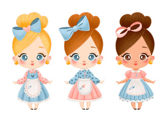 Illustration of cute cartoon vintage dolls. Blonde, brunette, African American girls set isolated on white background.