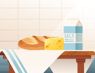 Kitchen interior with food on wooden desk vector illustration