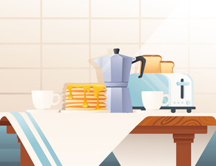Kitchen interior with items on wooden desk vector illustration
