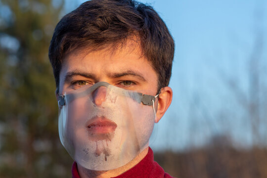 Young Man In Face Shield, Man Wearing Face Visor, Foggy Face Visor Shield, Coronavirus.