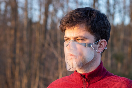 Young Man In Face Shield, Man Wearing Face Visor, Foggy Face Visor Shield, Coronavirus, Covid, Face Covered With Transparent Mask