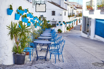 Fototapeta na wymiar Picturesque street of Mijas with flower pots on facades. Andalusian white town. Cost of the Sun. Southern Spain