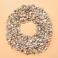 Seashells as wreath with copy space on beige background. View from above.