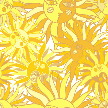 Vector seamless pattern colorful design of abstract lined sun with eyes in yellow tones. The design is perfect for backgrounds, textiles, wrapping paper, wallpaper, decorations and surfaces