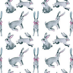 Obraz premium Lovely rabbits in hearts and flowers. Cute childish seamless pattern in cartoon style. Seamless pattern can be used for wallpapers, pattern fills,