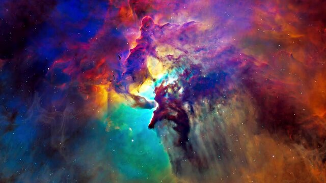 Lagoon Nebula Space Flight exploration on deep space. 4K 3D Flight Into The Lagoon Nebula,  giant interstellar cloud in the constellation Sagittarius. Elements furnished by NASA image.

