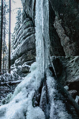 Fascinating ice formations and icicles called Brtnicke ice falls,CZ ledopady, in Bohemian Switzerland National Park, Czech republic.Winter trip to Valley of Wolfs creek,Vlci potok.Natural scenery