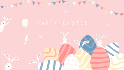 Easter Rabbits with Eggs on Pink Sky