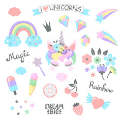 Set of the colorful, sparkling unicorn magic world elements. Vector illustration.