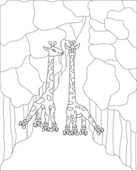 Funny cartoon roller-skating giraffes in the park coloring page. Childrens illustration animals go in for sports. Cute loving giraffes. Giraffes on rollers. Coloring book for children.