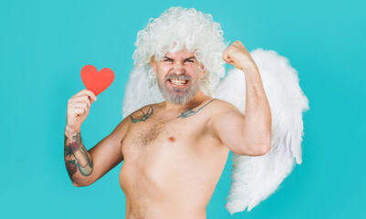 Valentines day. Angel with red heart. Sexy cupid. St Valentine. Naughty cupid.