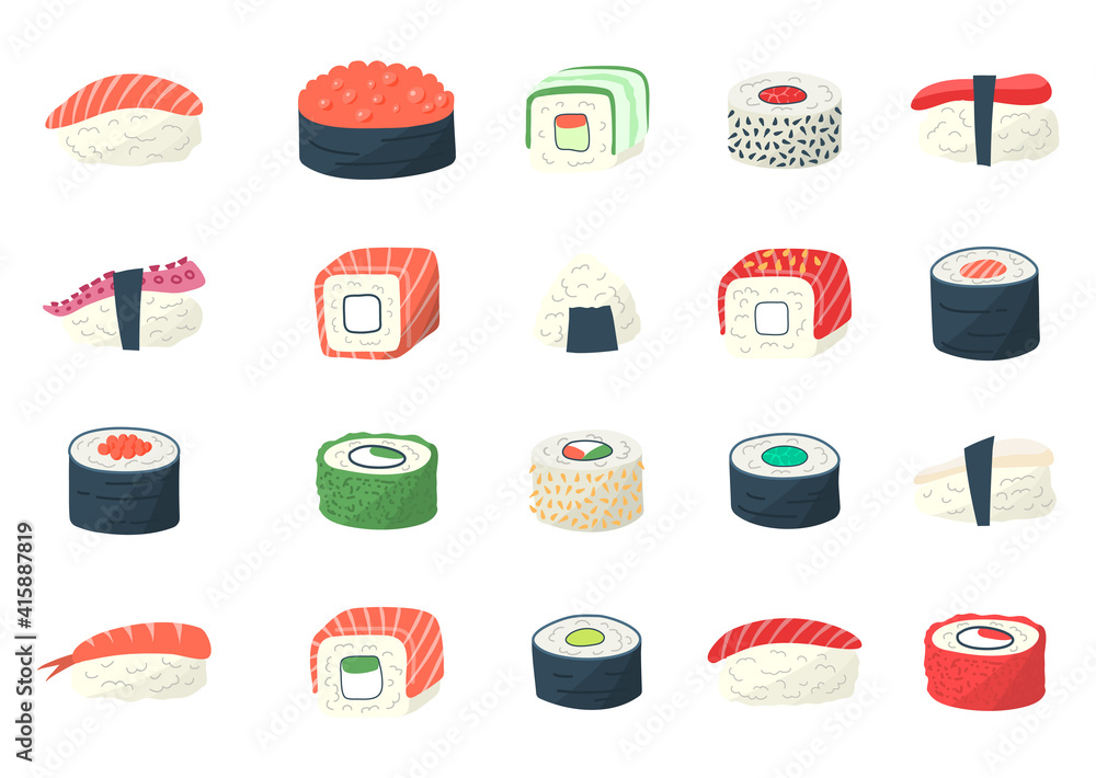 Wall mural Cartoon Color Sushi Icon Set. Vector