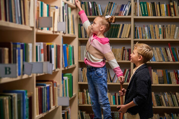 brother and sister choose books in library, having conversation, in library of school