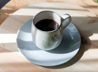 Coffee on a wooded background.Top view.