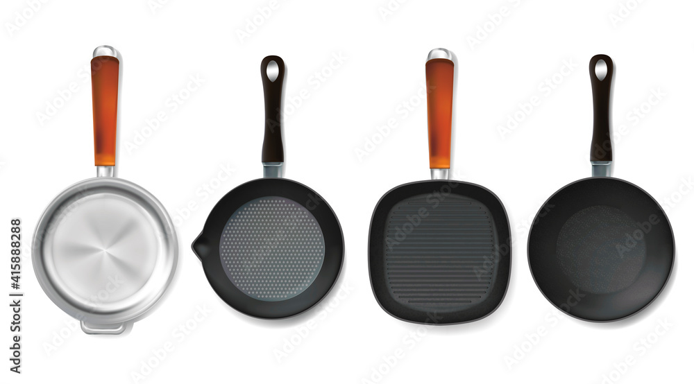 Sticker Realistic Detailed 3d Frying Pan Set. Vector