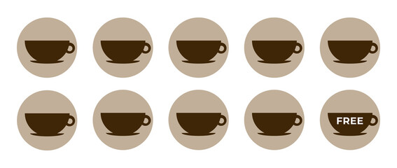 Coffee loyalty card template. Buy 9 cups and get 1 for free. Take away coffee cups icons for cafe