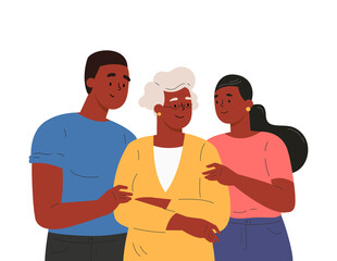 Happy adult children hugging old mother feeling love to each other. Portrait of young people hugging their grandma. Friendly family relationship. Cartoon vector flat illustration on white background. 