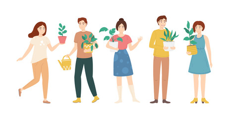 Cartoon Color Characters People and Home Plants Concept Set. Vector
