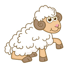 Young Mutton. Cartoon character Ram isolated on white background. Template of cute farm animal. Education card for kids learning animals. Suitable for decoration and design. Vector in cartoon style.