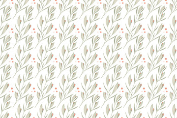Fototapeta na wymiar seamless pattern, with floral elements, branches with leaves and buds, stylized vector graphics