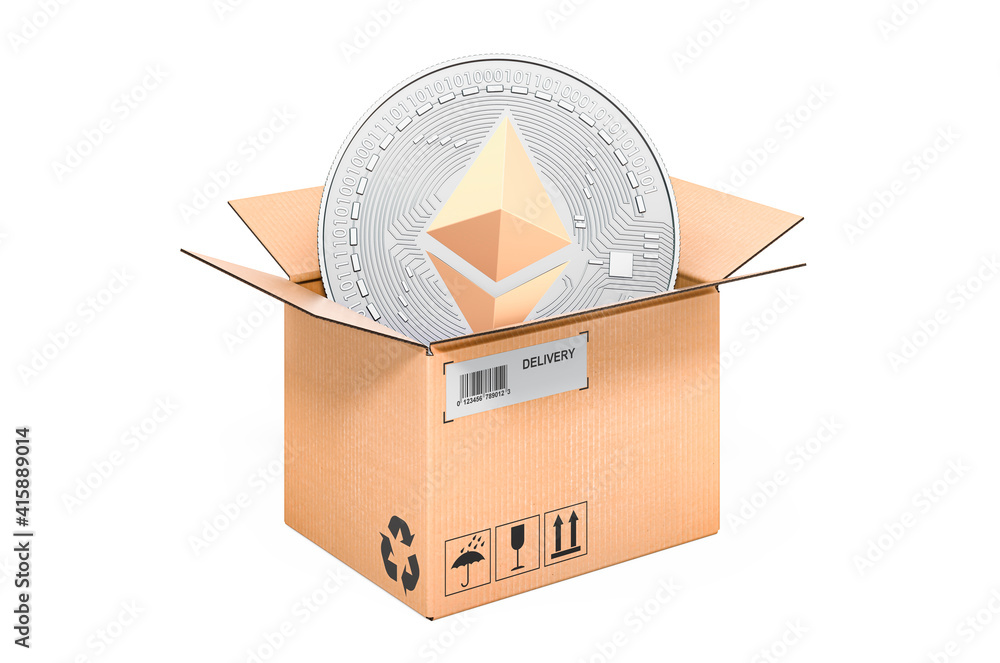 Poster ethereum inside cardboard box, 3d rendering