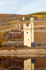Binger Mäuseturm,  hinten links Burg Ehrenfels. 06.11.2018.