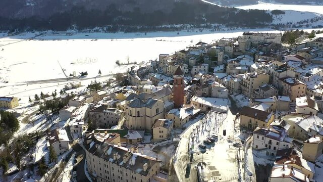 Rivisondoli, a delightful village in Abruzzo covered in snow
Mountain town with snow. Aerial shot with drone
