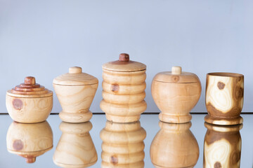 Fototapeta na wymiar hobby materials such as candy bowl, Spice Bowl, snack bowl, bowl made by craftsmanship and craftsmanship made by wood lathe machine