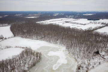 Aerial of Snow Covered Plainsboro Homes Farmland