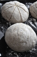 Round and raw loaves of bread on a black background floured and cut in for decoration