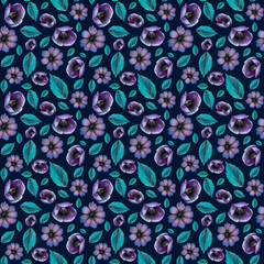seamless design purple flowers, bells, poppy, stems, leaves, bud, chamomile, petals, twig, botanical composition, flower decor, clip art watercolor