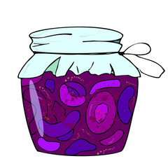 Jar with plum jam, winter products, grandmother’s preservation, bright purple jar. Illustration for shops, candied fruit. On white background, isolated.