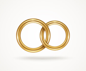 Two connected gold engagement rings isolated on white background. Vector illustration. Golden jewelry for married couple, wedding symbol for save the date invitation card. Endless love icon