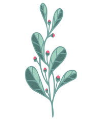 drawing of a spring branch with leaves and berries, buds, stylized vector graphics, ornamental plant branch
