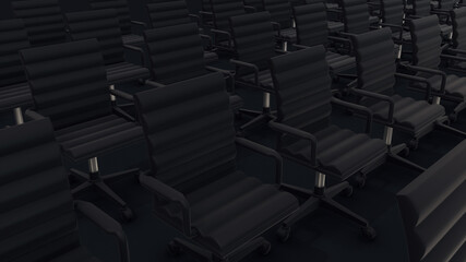 Fototapeta premium 3d rendered illustration of Multiple Desk Chairs in a row isolated in Dark Background. High quality 3d illustration