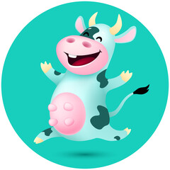 funny cartoon cow with dark spotted . cute emotional animal jumping on blue background. vector illustration