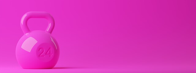 Single pink fitness gym kettlebell on pink background, muscle exercise, bodybuilding or woman's fitness concept