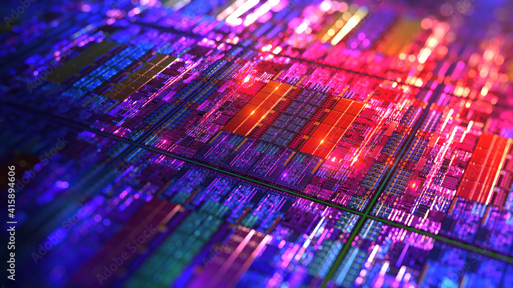 Poster modern cpu, gpu chip design with iridescent lighting. high-tech electronic component with metallic r