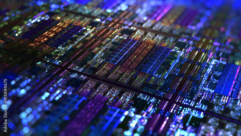 Poster abstract circuit background with neon lines and dots connecting together, dof. futuristic high techn