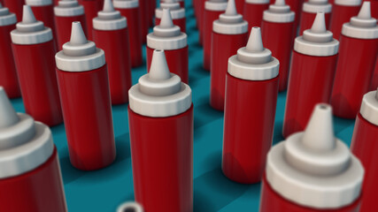 3d rendered illustration of Multiple Ketchup Mustards in a row. High quality 3d illustration