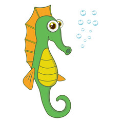 Cartoon character Sea Horse isolated on white background. Tropical underwater aquatic creature. Template of cute ocean fish. Education card for kids learning animals. Vector design in cartoon style.