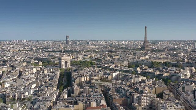 sunny day paris city famous arch and tower central district aerial panorama 4k france