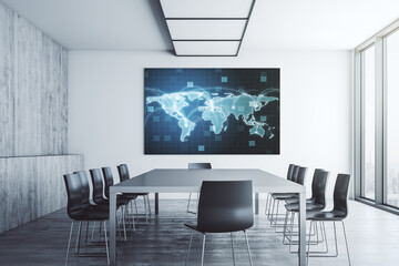 Abstract graphic world map with connections on tv display in a modern presentation room, globalization concept. 3D Rendering