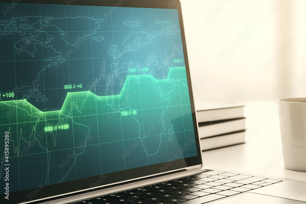 Poster stats data illustration on modern laptop monitor, computing and analytics concept. 3d rendering
