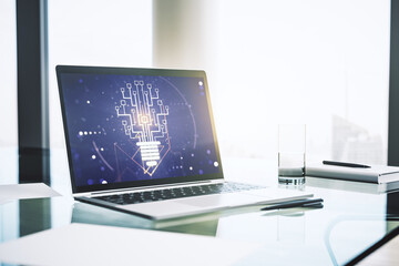 Creative idea concept with light bulb and microcircuit illustration on modern laptop screen. Neural networks and machine learning concept. 3D Rendering