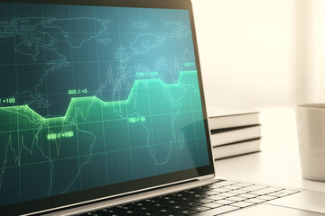 Stats data illustration on modern laptop monitor, computing and analytics concept. 3D Rendering